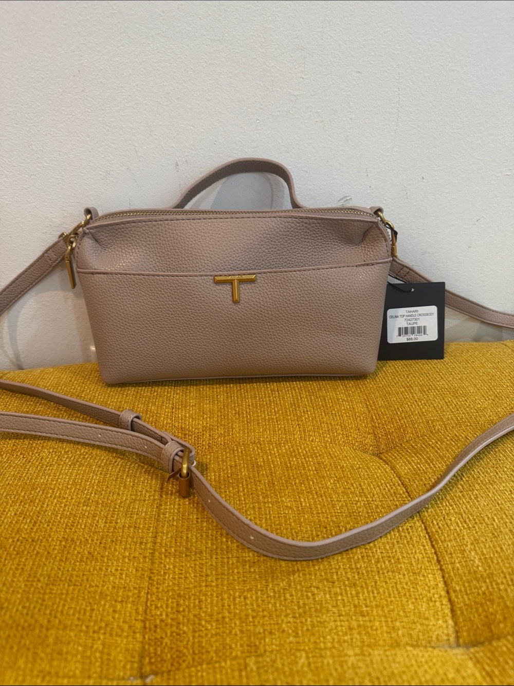 Taupe Pebbled Leather Crossbody Bag with Gold T-Bar Accent Tahari🍀